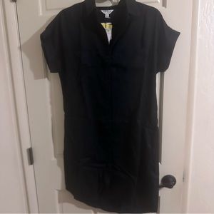 Black Button Down Collared Dress with Pockets